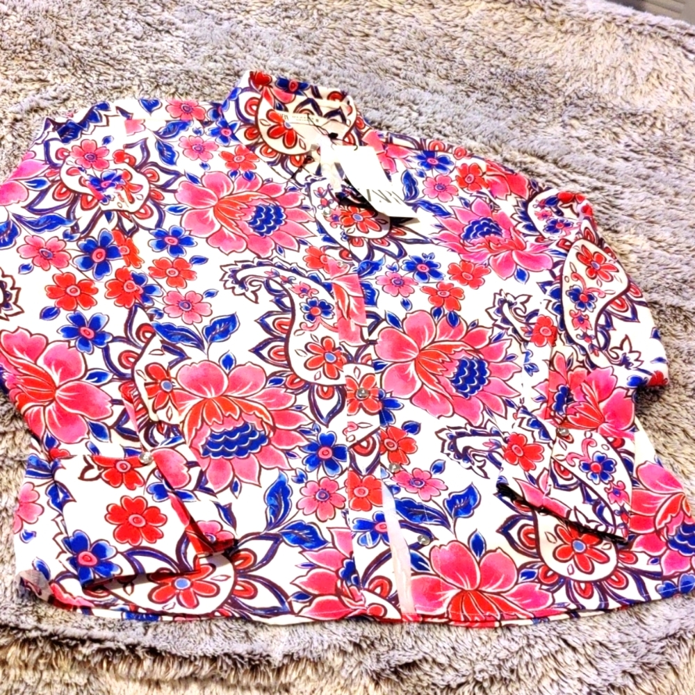 Zara Floral Pink and Blue Button Down Top